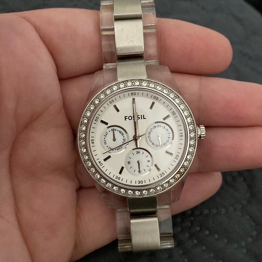 Clear, stainless Steele Fossil women’s watch